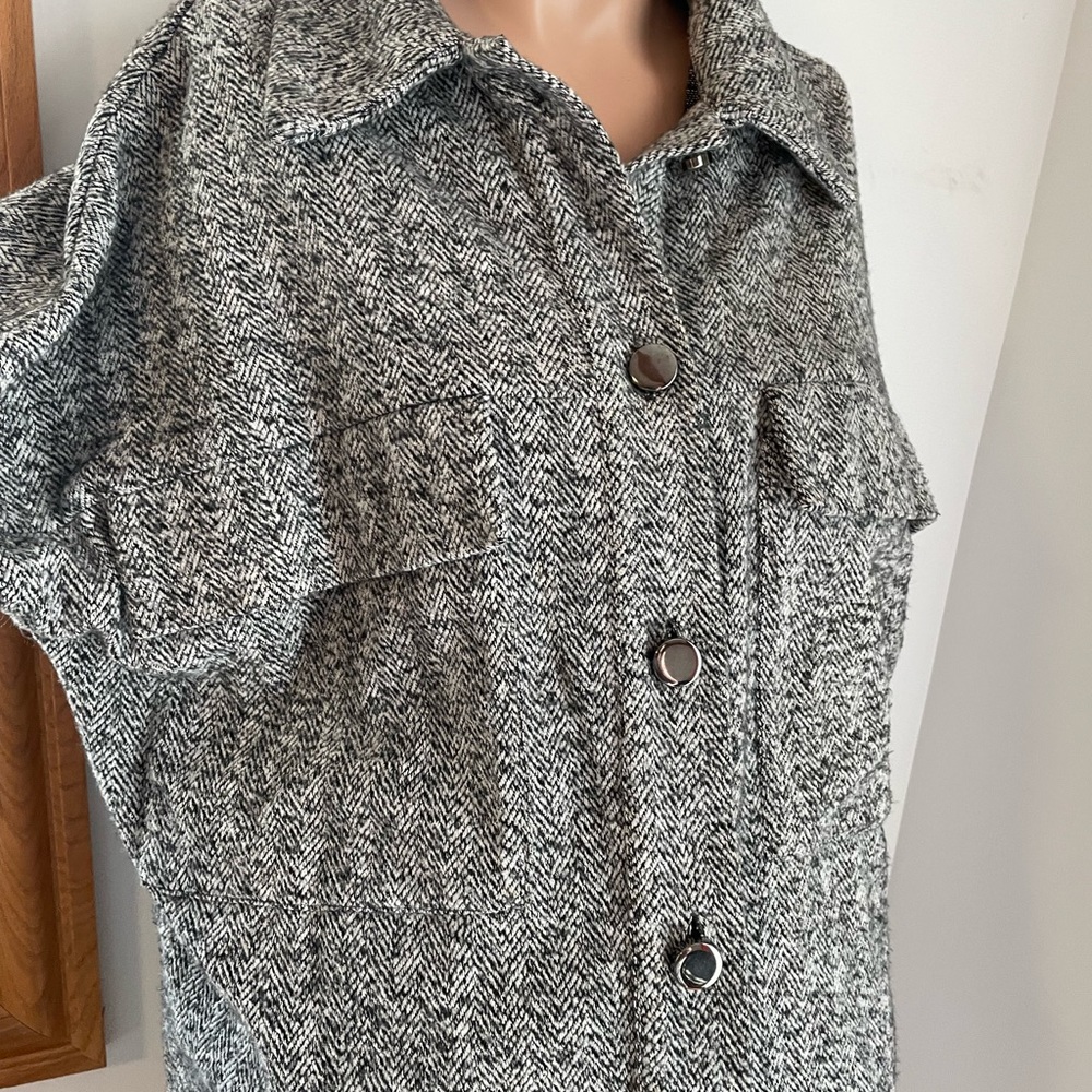 26” PTP M black white neutral jacket shirt shacket tweed herringbone cotton mix - Picture 8 of 11